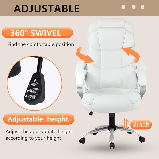 FDW Office Chair Computer High Back Adjustable Ergonomic Desk Chair Executive PU Leather Swivel Task Chair with Armrests Lumbar Support (Beige) - Image 6