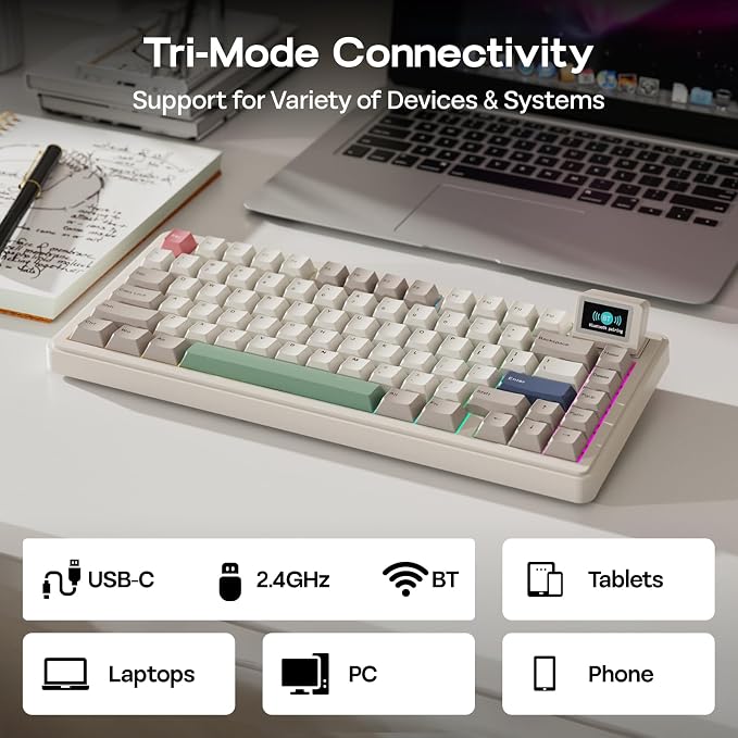 EPOMAKER RT82 Wireless Mechanical Keyboard with Screen, VIA Custom | 2.4GHz/USB-C/BT5.0, RGB Backlit, Gasket, 5-Paddings, PBT Keycaps, Hot-Swap Retro Gaming Keyboard (Creamy Jade) - Image 4