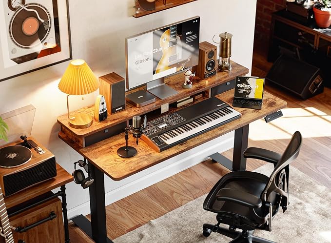 BANTI 63x28 Inch Electric Standing Desk with Dual Drawers, Stand Up Table with Storage, Adjustable Height, Deeper Wider Desktop, Black Frame/Rustic Brown Top - Image 2