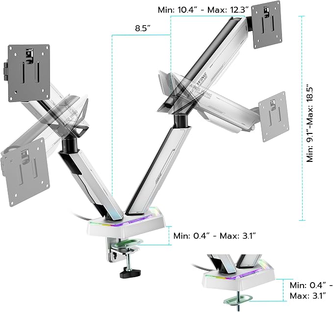 ARES WING RGB Dual Monitor Arm Desk Mount for 17-38 inch Monitors, White | Heavy Duty Dual Monitor Stand Holds 35.2 lbs, Adjustable Ultrawide Monitor Arm with Clamp & Grommet Base, 75/100 VESA - Image 9