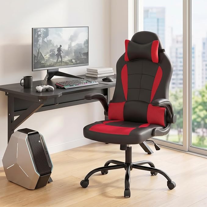 BestOffice | Gaming Chair | Red | PU Leather | with Lumbar Support | Ergonomic Racing Style Desk Chair with Recline, Padded Armrests, Headrest, Swivel & Caster Wheels | for Gamers, Home, Office - Image 2