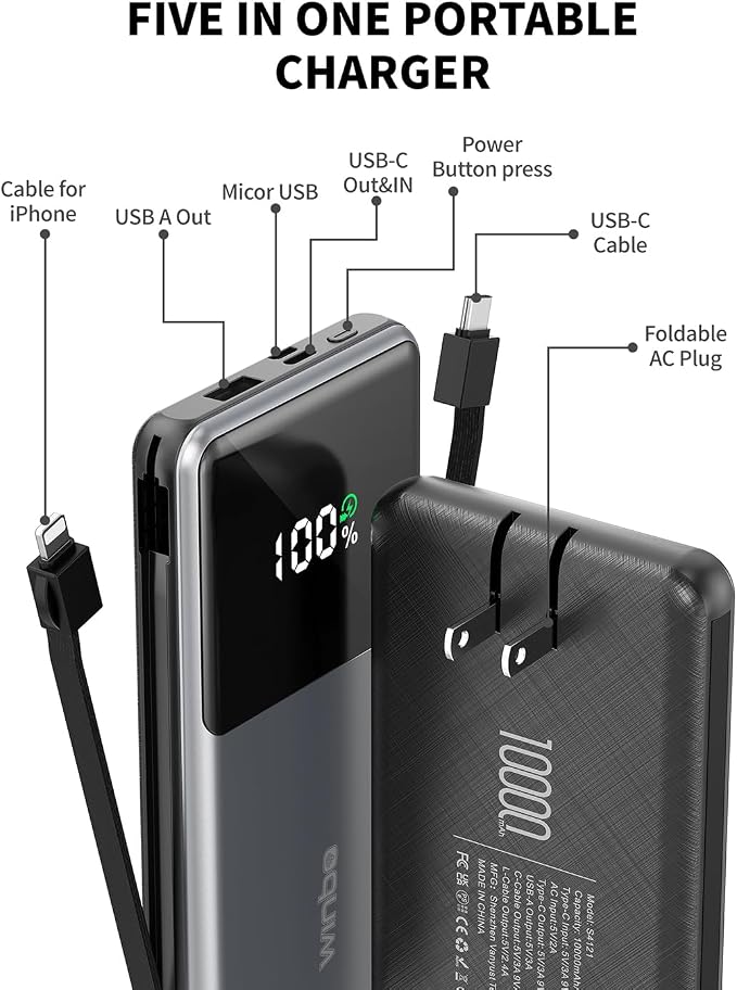 Portable Charger, with Built in Cables 10000mAh Power Bank with Wall Plug, Travel Essential Fast Charging Battery Pack for iPhone 17 16 15 14 etc - Image 2