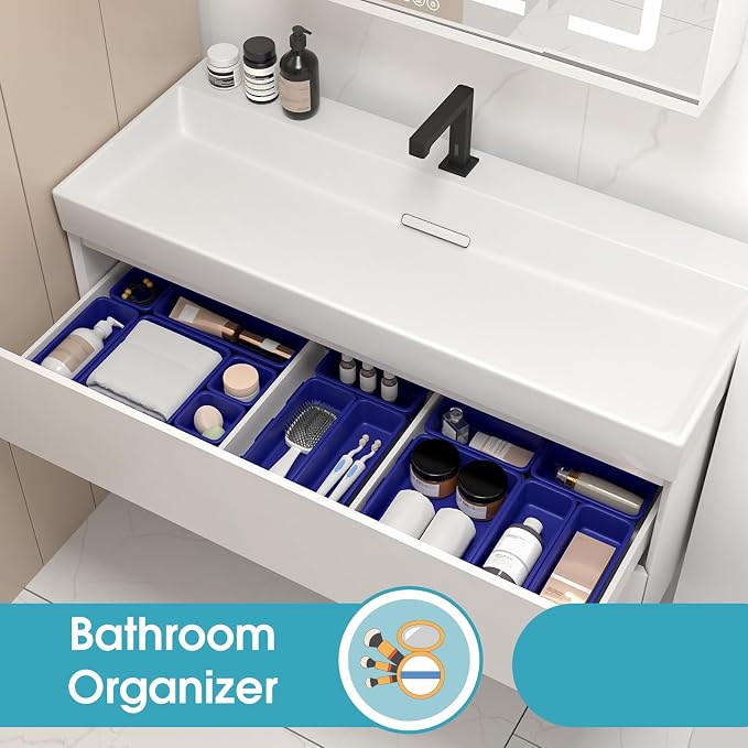 10 PCS Drawer Organizer Set, 4 Size Makeup Drawer Divider Organizer With Non-Slip Pads, Interlocking Plastic Storage Bins for Office,Jewelry Vanity,Gadgets, Bathroom,Kitchen, Navy - Image 7