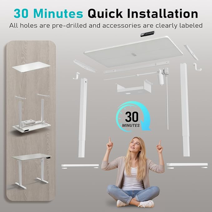 35" Electric Standing Desk, Small Sit Stand up Desk, White | Height Adjustable Computer Desk for Home Office, Compact Work & Gaming Desk with Cable Management and Stable Steel Frame - Image 9