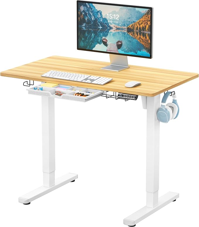 SHW 40-Inch Electric Height Adjustable Standing Desk w/Drawer, Oak | w/ Memory Presets and Cable Management | Drawer with adjustable compartments | Hanging Hooks by SHW