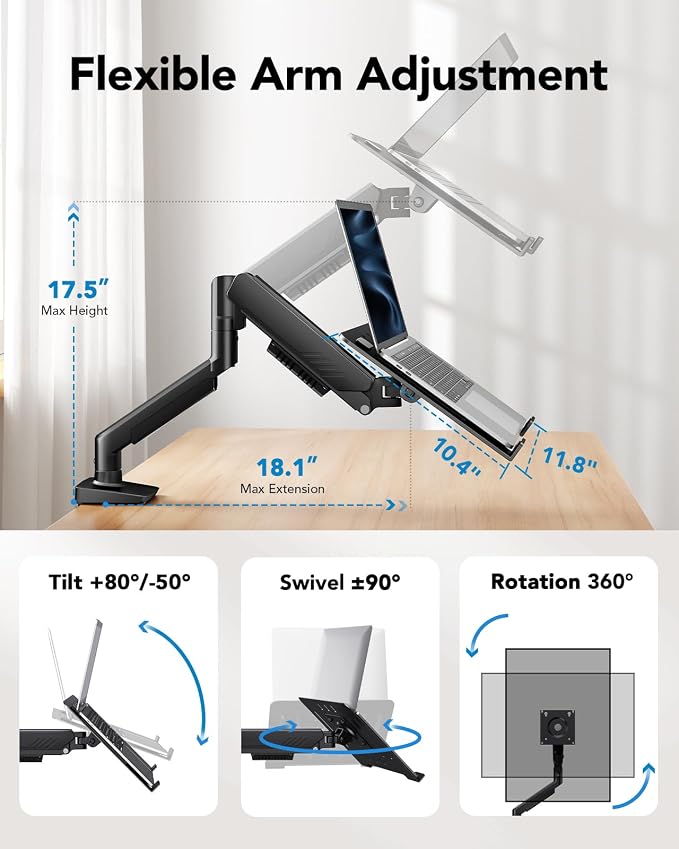 HUANUO 2 in 1 Function Laptop Mount with Tray, Fits 13-34″ Monitors & Up to 17″ Notebook, Ergonomic Laptop Arm with Full Motion Adjustment, Laptop Stand for Desk, VESA 75x75mm/100x100mm - Image 4
