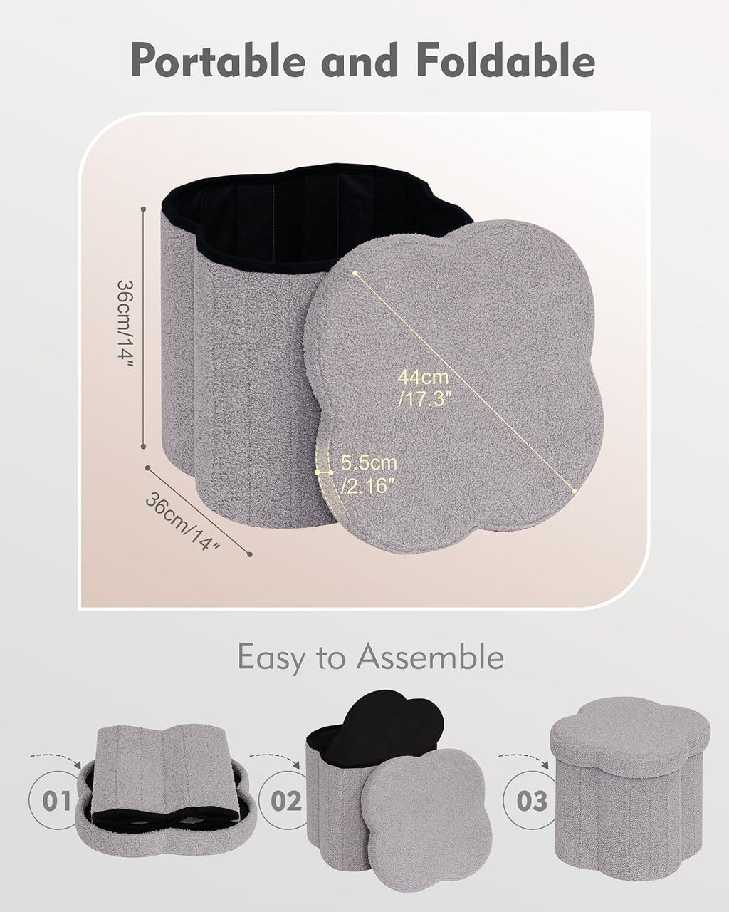 B FSOBEIIALEO Storage Ottoman Cube, 15" Flower Shaped Ottomans, Grey - Image 6