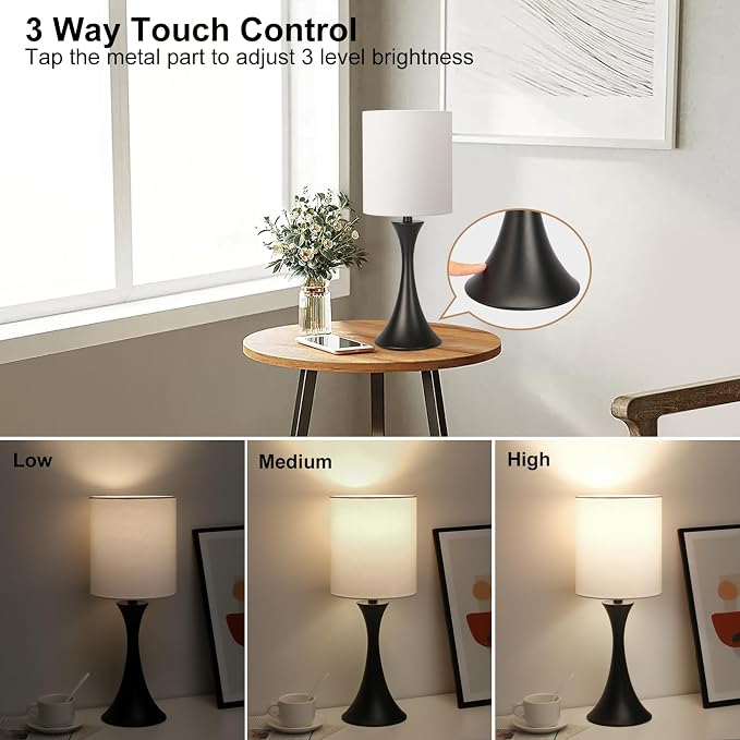 3 Way Touch Control Table Lamp, Modern Bedside Lamp for Bedroom, Dimmable Black Nightstand Lamp White Shade Desk Reading Light for Living Room Office Dorm, 3000K LED Bulb Included - Image 3