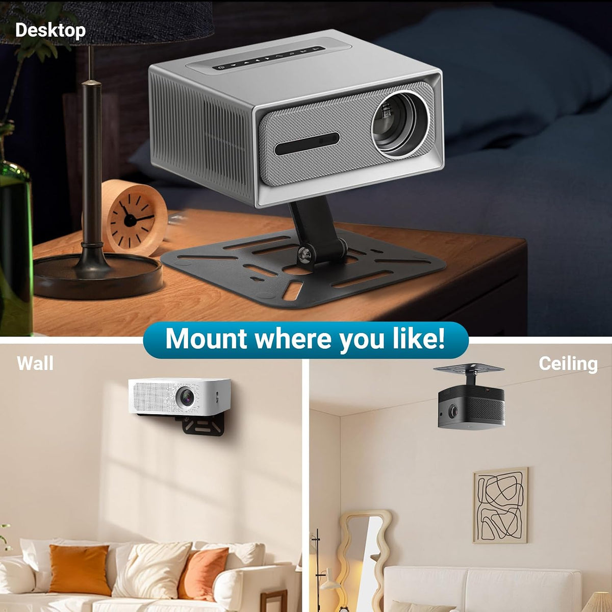 Projector Foldable Stand, Mini Ceiling Wall Projectors Black - Image 3