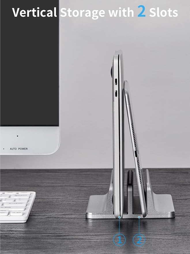 JARLINK Double Vertical Laptop Stand, Adjustable Aluminum Desk Dock, Black | Vertical Laptop Holder Fits up to 17.3" Notebooks, Space-saving Desktop Organizer for MacBook, Surface, Dell & Gaming Laptops - Image 6