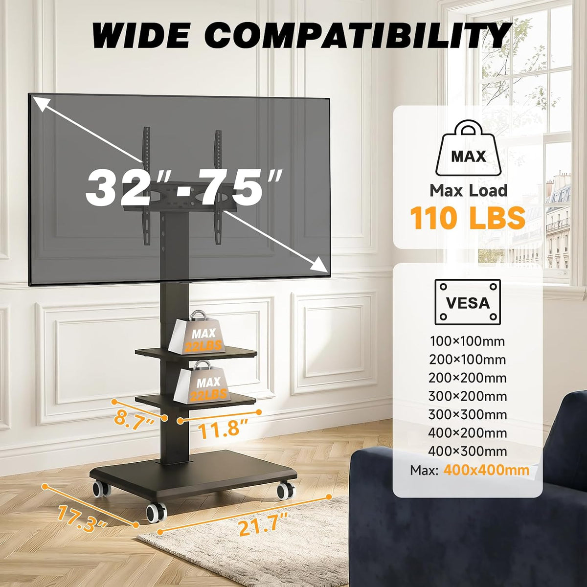 Rolling Floor TV Stand with Double Shelves, Height Adjustable Swivel Freestanding TV Mount with 2'' Lockable Nylon Casters, Solid Wood Base for 32-75 Inch TVs up to 110 lbs, Max VESA 400x400mm - Image 2