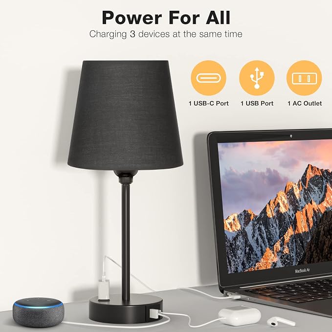 Black Bedside Lamps Set 2 for Bedroom - Dimmable Touch, USB C+A, AC Outlet | 14.5" Mini Lamp, 3-Way Dimmable, LED Bulbs Included, Black Barrel Fabric Lampshade, Nightstand Light for Guest Room, Kids - Image 3