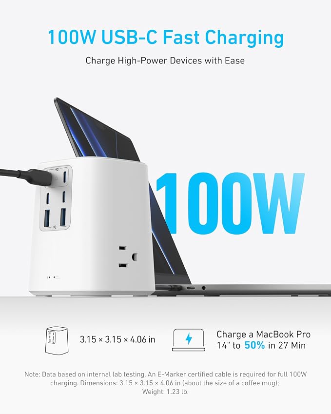 Anker Desktop Charger, 9-in-1 Power Strip with 300J Surge Protector, 100W | USB C Charger with 3 AC, 4 USB C, 2 USB A, 5ft Flat Plug Extension Cord with Multiple Devices, Home Office, Desk Accessories - Image 3