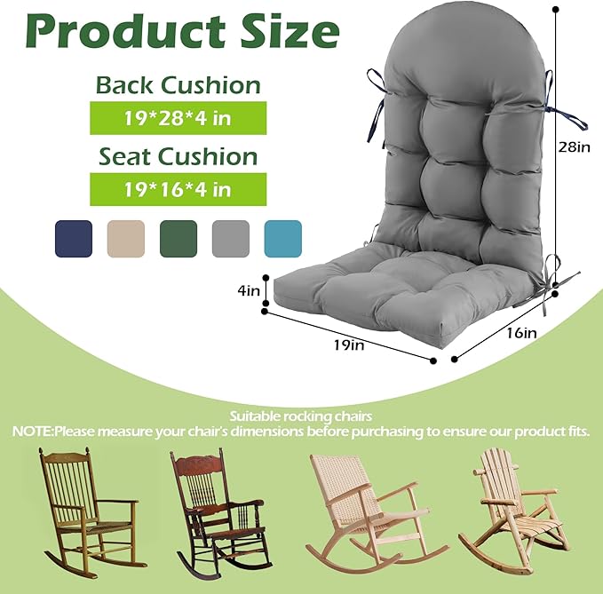 Rocking Chair Cushions, Indoor/Outdoor Adirondack Chair Cushion, Waterproof and Fade-Resistant Rocking Chairs Pads, Non-Slip Tufted High Back Patio Chairs Cushion with Ties, 44x19x4 Inch, Light Grey - Image 2