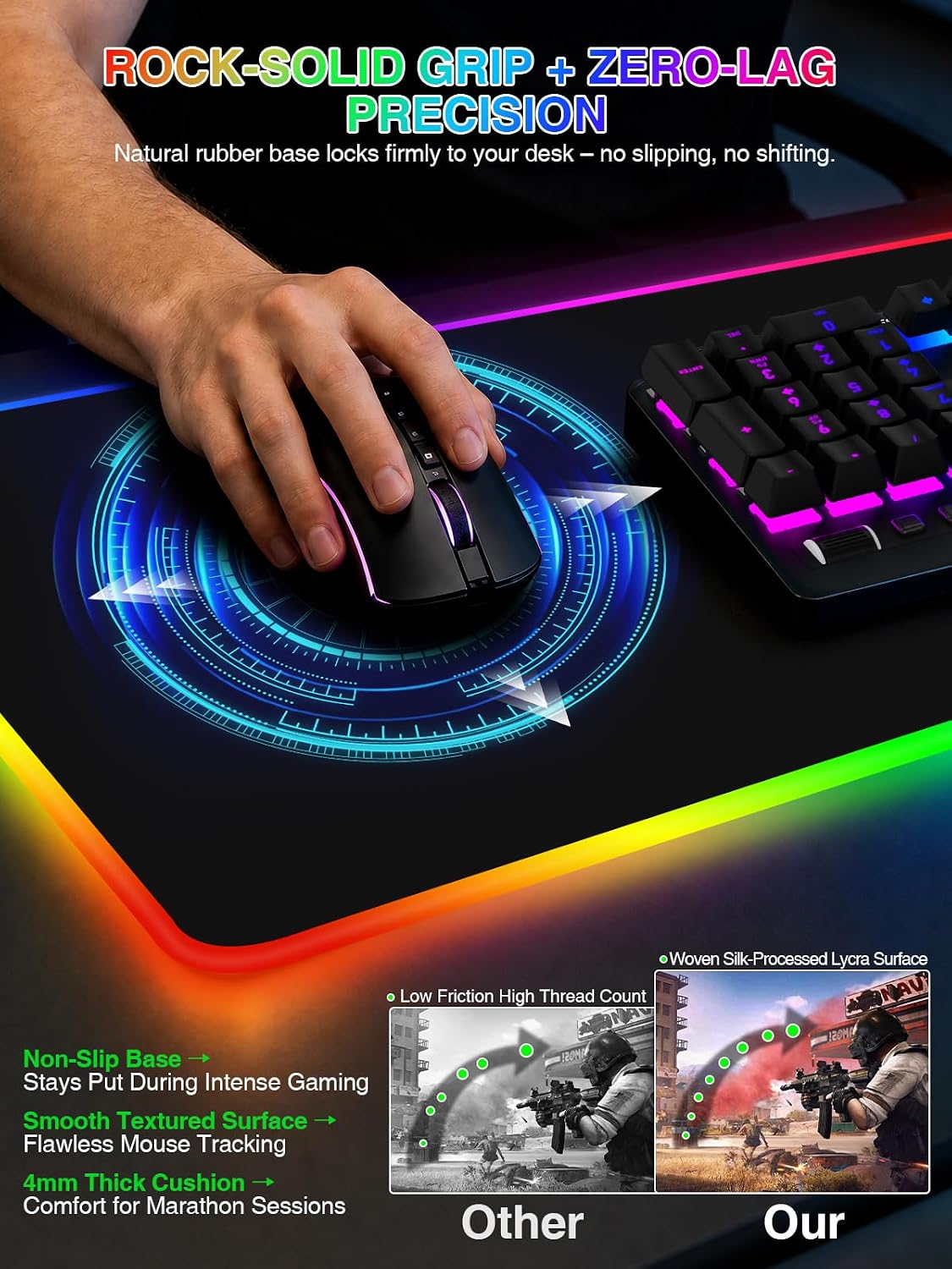 RGB Mouse Pad with Foldable Phone Stand & Wireless Charger, 31.5"x11.8" XL Gaming Mousepad Large Desk Mat, Desk Pad with Dual Charging for Phone & AirPods | 11 Colors & 5 Modes | Waterproof - Image 5