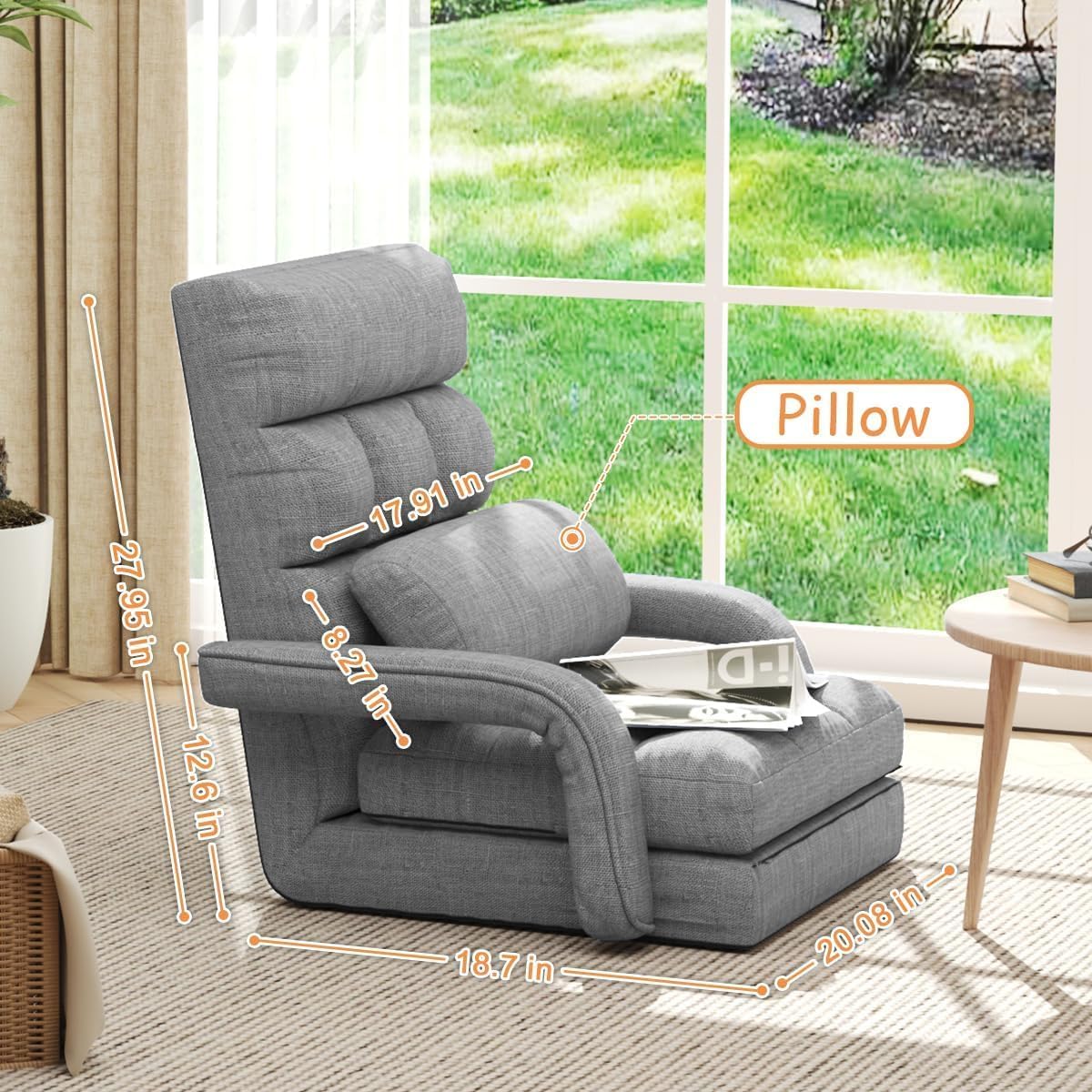 Floor Gaming Chair, 6 Position Adjustable Indoor Chaise Lounge for Teens Adults, Padded Folding Sofa with Armrests and Pillow, Comfy Chair for Meditation, Reading, Light Grey - Image 2