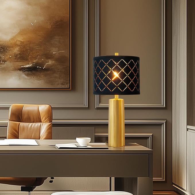 24" Modern Table Lamp for Living Room Bedroom Black Grid Shade | Gold Nightstand Resin Lamps Contemporary Desk Lamps for Bedside End Tables, 2 Bulbs Included (Gold) - Image 8