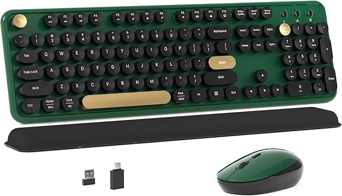 Colorful MPTOG Wireless Computer Keyboard and Mouse Combo (Dark Green) | Retro Round Typewriter Keycaps, Power Switch, Ergonomic Design, 2.4GHz Wireless for Windows, Mac, PC by MPTOG