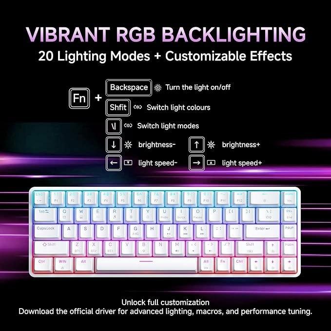 DIERYA DK68 60% Wireless Mechanical Gaming Keyboard, 3-Mode, Bluetooth 5.0/2.4G/USB-C, RGB Backlit, 68-Key Compact Mini for Windows, Mac, Linux - Clicky Blue Switch - White - Image 6