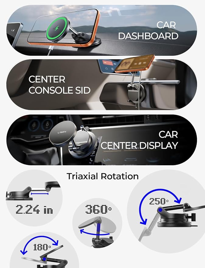 LISEN 15W MagSafe Car Mount Charger, Magnetic Wireless Car Phone Holder | [Easiest Mount] 96LBS Vacuum Suction Car Mount, 360° Magnetic Phone Holders for Your Car, for iPhone 17-12, Pixel 10, Samsung - Image 5