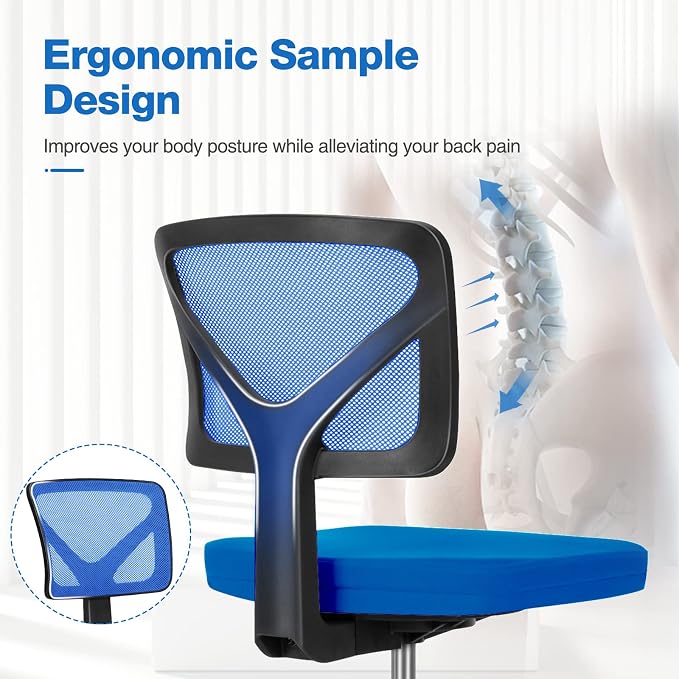 Sweetcrispy Small Armless Desk Chair, Mesh Rolling Office Chairs | Adjustable Ergonomic Lumbar Support, Low-Back, Swivel Wheels, Home Work, Bedroom, Study, Student, Adults, Classic Blue - Image 4