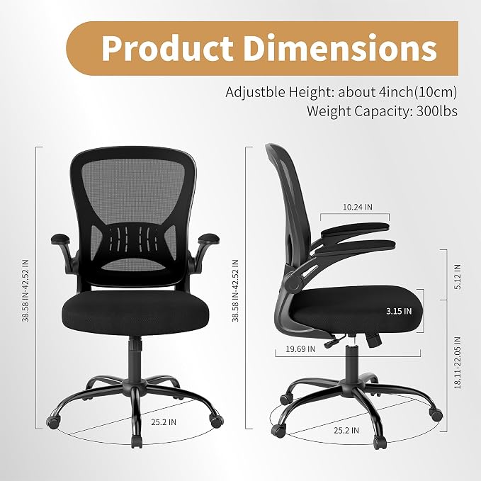 Youhauchair Adjustable Mesh Ergonomic Office Chair with Wheels, Black | Flip-up Arms, Lumbar Support, Home Desk Chair, Height Adjustable, Breathable, Mid Back Swivel Compurter Chair, Set of 1 - Image 2