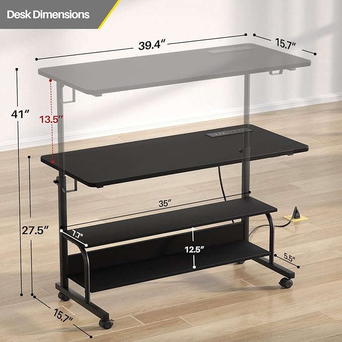 39" Rolling Standing Desk with Charging Station for Couch Bed | Height Adjust 27.5-41", 2 AC/3 USB, Mobile 4 Lockable Wheels, 2-tier Shelves Hook, Safe Corner Fast Assembly - Image 8