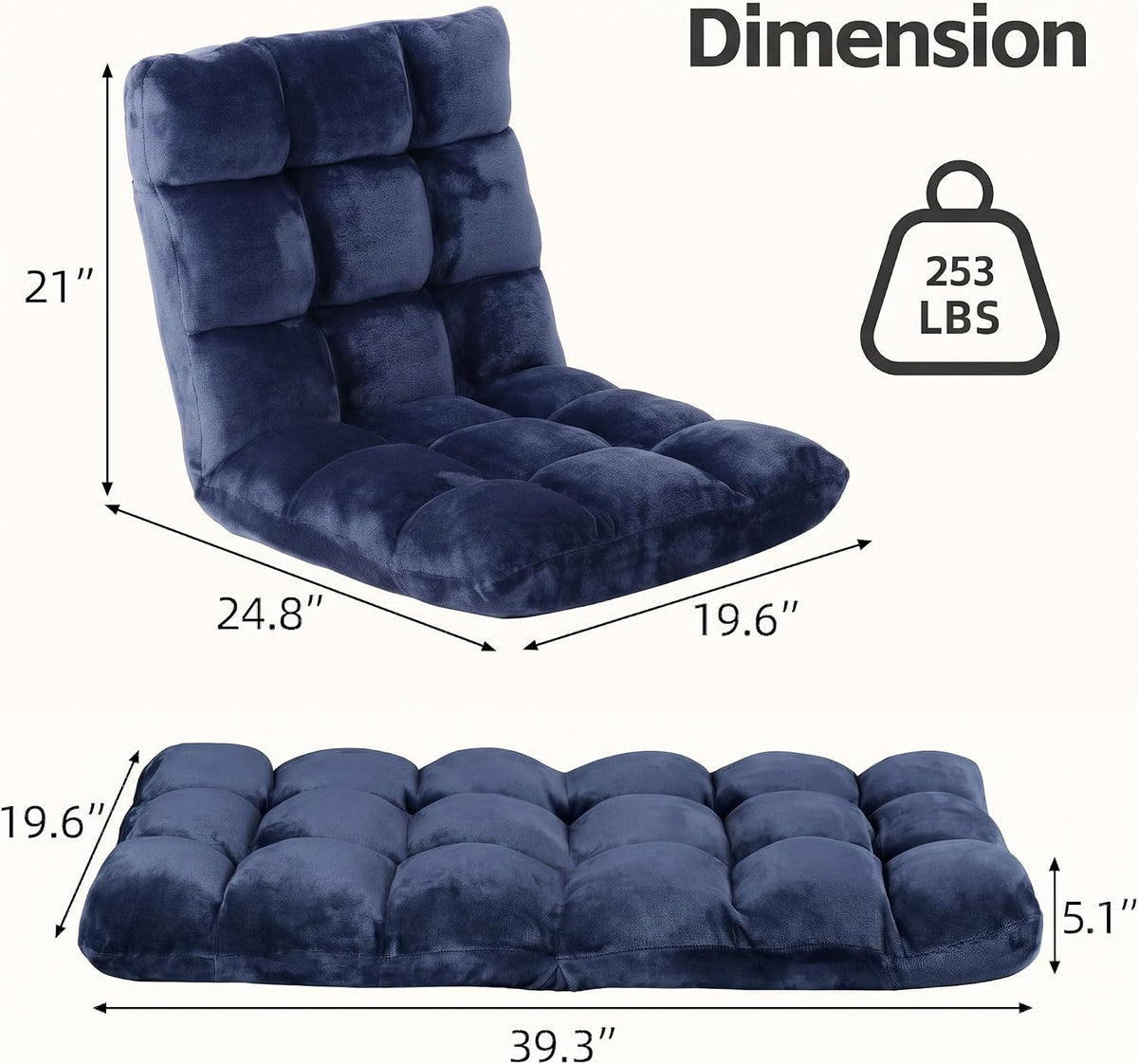 SUPER DEAL 14-Position Folding Floor Chair Gaming Sofa Cushioned Padded Reclining Bed Lounge Couch Seating for Comfy Reading, Reading, Gaming, Relaxing, Watching TV， Blue - Image 3