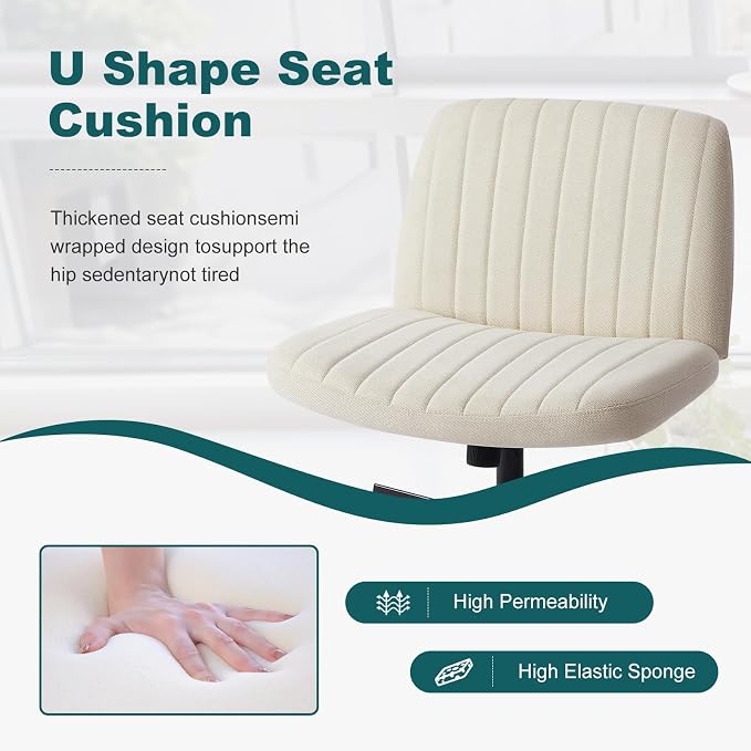 OLIXIS Criss Cross Chair, Vanity Chair, Home Office Desk | Armless Wide Seat, Height Adjustable Swivel, Comfy Fabric, Bedroom Student Study Room, Beige No Wheel - Image 7