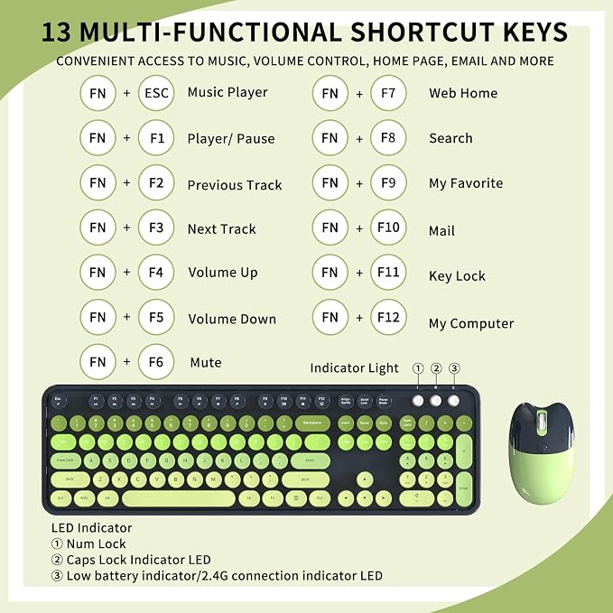 Wireless Keyboard and Mouse, MOFII 104 Round Keycaps Retro Typewriter with OTG & Brush, Full-Size Ergonomic, Ideal for Windows PC, Home, Office and College Gray Green - Image 8