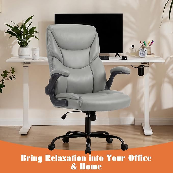 OLIXIS PU Leather Desk Chair, Ergonomic Office Chair, Flip-up Armrest | High Back, Swivel Rolling Wheels, Heavy Duty, 275lbs,Comfortable,Executive, Grey - Image 8