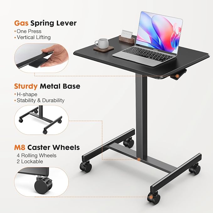 Sweetcrispy Mobile Rolling Desk, Small Standing Desk with Wheels | Adjustable Height Sit Stand Table, Portable Computer Workstations for Home Office, Black - Image 5