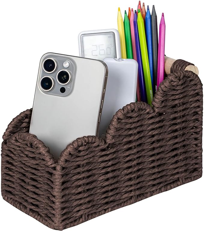 CubesLand Bedside Table Desk Organizer Caddy, Remote Pen&Pencil Holder Cup | Makeup Brush Holder w/Scalloped Perfect for Home, Office Desk, Living Room Table Decor, 3 Slots Brown by CubesLand