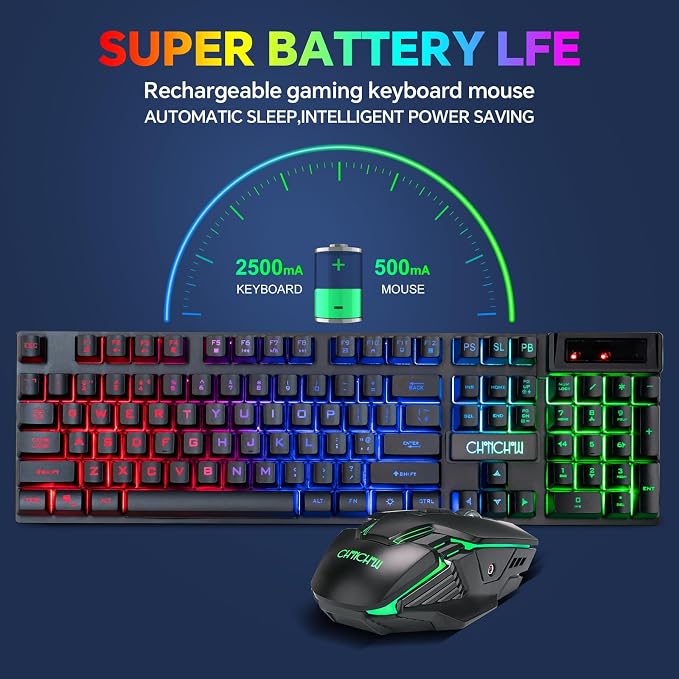 CHONCHOW USB Wireless Gaming Keyboard and Mouse Combo, RGB Backlit, 2.4GHz | LED Ergonomic Mechanical Feeling Keyboard, Rechargeable 2500mAh Battery, Anti-ghosting Keyboards 7D 3600DPI Mice for PC Gamer - Image 3