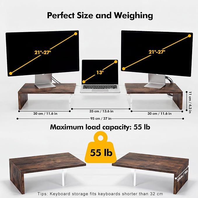 Dual Monitor Riser, Acrylic Monitor Riser, Adjustable Angle & Length Computer Monitor Stand, Wide Desk Shelf for Top of Desk for Home Office_Wood Look Small - Image 3