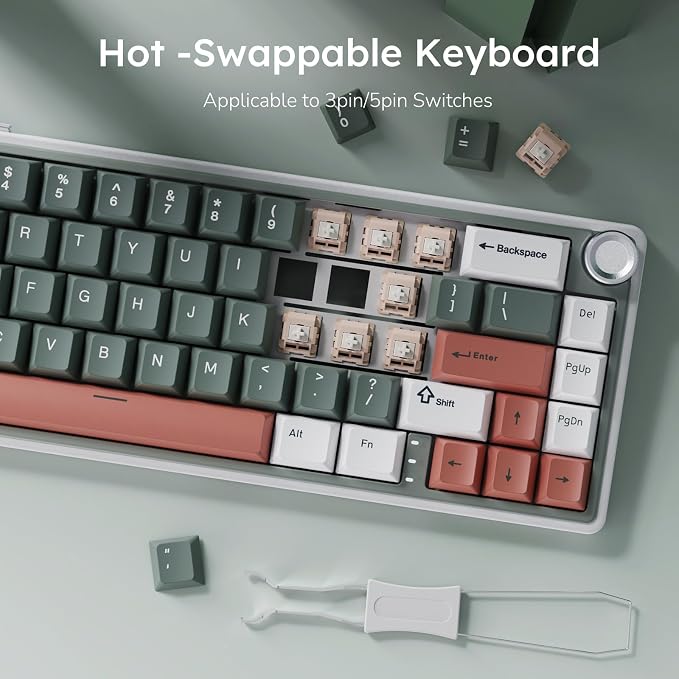 RK ROYAL KLUDGE R65 Wireless Mechanical Keyboard, 60% Keyboard with Knob | Tri-Mode 2.4G/USB-C/Bluetooth, QMK/VIA Custom Keyboard with 66 Keys and CNC Metal Knob, Hot Swappable, Cream Switch, Green - Image 7