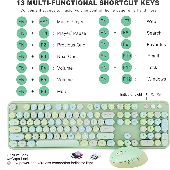 Wireless Keyboard and Mouse Combo, Ergonomic Full Size Typewriter Retro Round Keycaps Keyboard, Compatible with Windows, PC, Perfer for Home and Office Keyboards (Green - Image 4