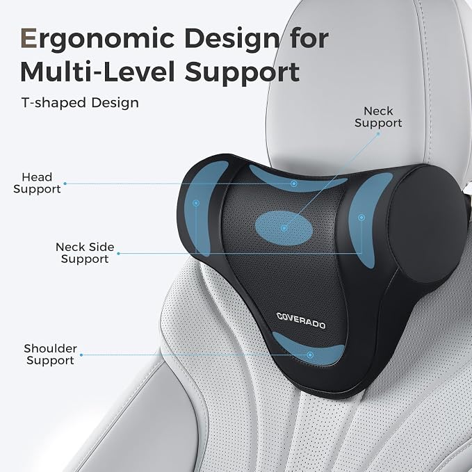 Coverado Car Headrest Pillow, Ergonomic Memory Foam Car Neck Pillow for Driving Seat with Adjustable Strap, Soft PU Leather Breathable Removable Cover Neck Support for Neck Pain Relief - Image 2