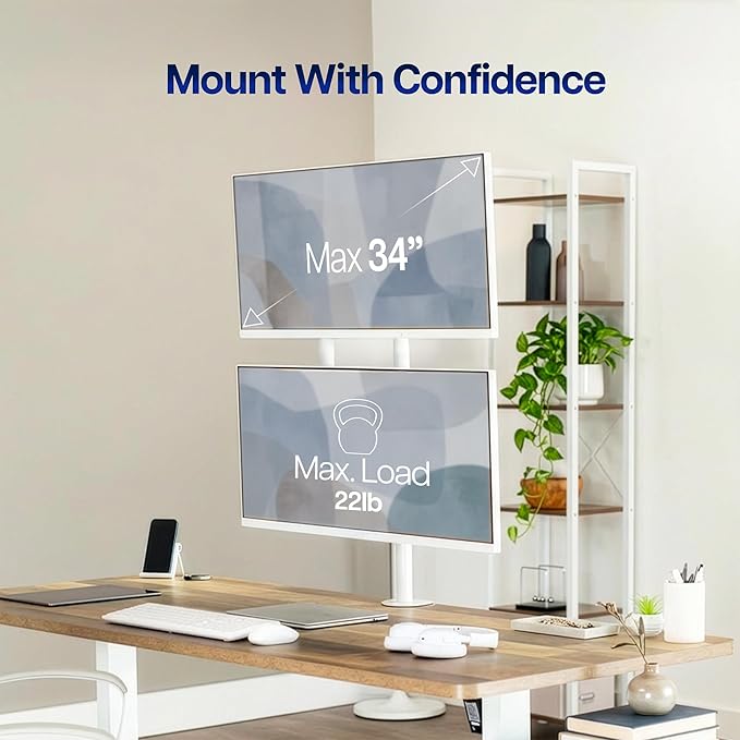 VIVO Dual Monitor Desk Mount for 13 to 34 inch Screens, STAND-V002TW | White, Adjustable Monitor Arm, Grommet or C-Clamp Mounting, Vertical Computer Stand for 2 Monitors, Holds 22 lbs Each - Image 2
