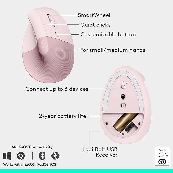 Logitech Wave Keys Keyboard & Lift Mouse Ergonomic Combo - Rose | Cushioned Palm Rest, wireless, Bluetooth, Easy-Switch, Multi-OS, Windows/Mac - Image 7