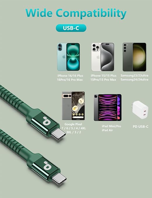 USB C Cable 6FT, 2Pack USBC to USBC Fast Charging Cable, iPhone 17 Charger | Cable Long Type C Cord Nylon Braided Compatible with iPhone 17/16/15/Pro Max/Plus/Samsung Galaxy S26 S23 and More-Green - Image 9