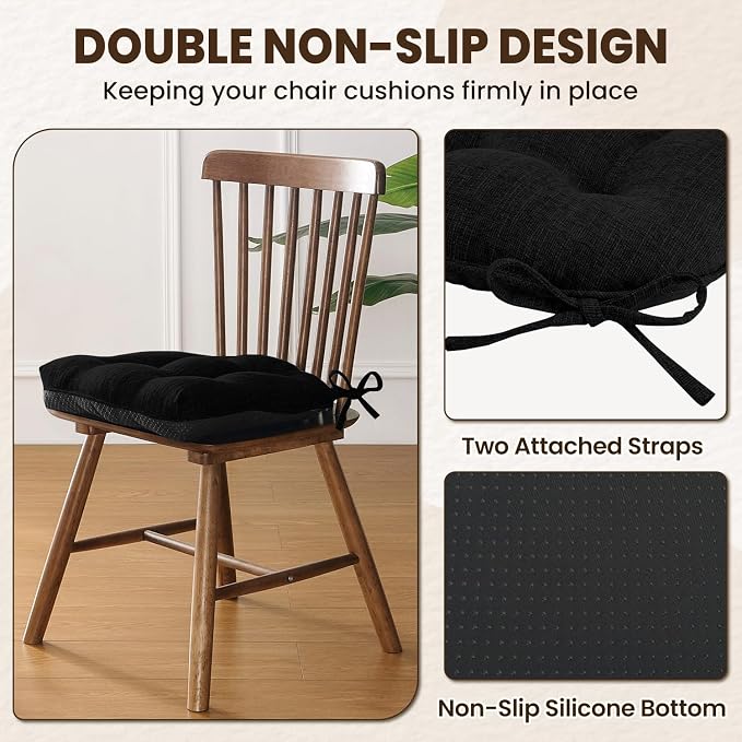 downluxe Indoor Chair Cushions for Dining Chairs, Tufted Overstuffed Textured Kitchen Chair Pads with Ties and Non-Slip Backing, 15.5" x 15.5" x 4", Black, 6 Pack - Image 4
