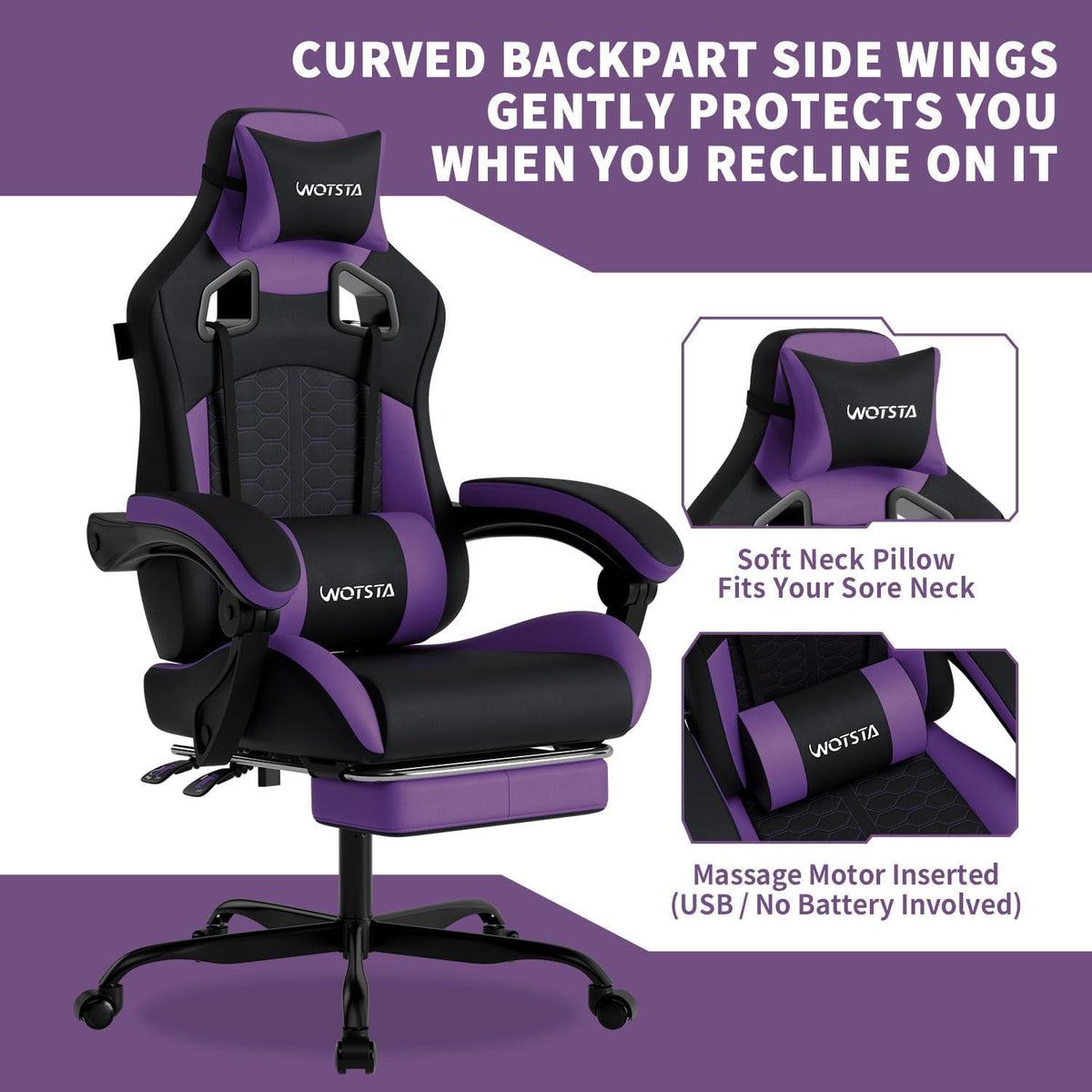 Gaming Chair with Massage,Ergonomic PC Gaming Chair with Footrest Comfortable Headrest and Lumbar Support,High Back Game Chair PVC Leather,300LBS (BlackPurple) - Image 4
