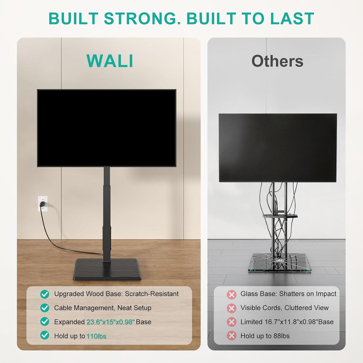 WALI Floor TV Stand with Power Outlet, Tall TV Stand Mount for 32-75 inch TV up to 110 lbs, Swivel and Height Adjustable TV Stands with Wood Base for Bedroom, Living Room(TVDVD-7P), Black - Image 9