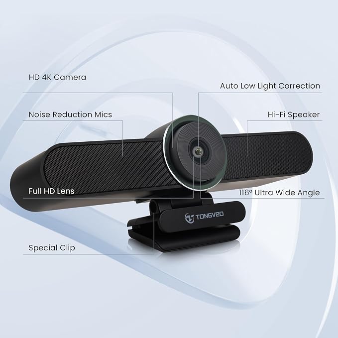TONGVEO 4K Webcam Conference Call Room Web Camera with Dual Microphones &Speaker, | All-in-One USB Video Camera, 116° Wide Angle, AI Auto Framing | Compatible with Zoom, OBS - Image 8