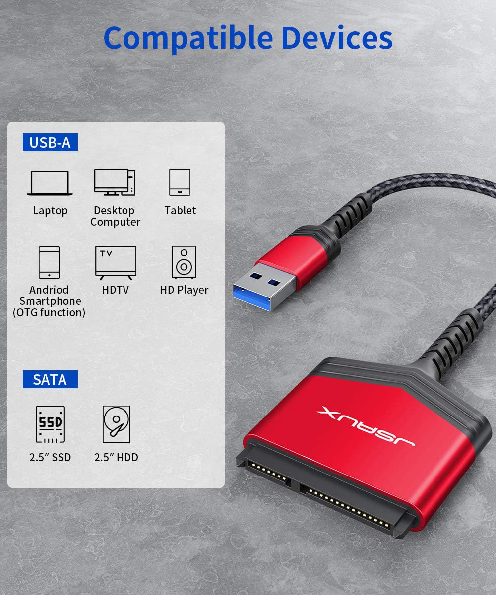 JSAUX SATA to USB Adapter Cable for 2.5” SSD/HDD Nylon Cord-Red - Image 6