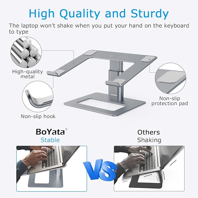 BoYata Laptop Stand, Height Adjustable Laptop Riser for 11-17" Laptops | Ergonomic Laptop Stand for Desk, Ventilated with U-Shaped Open Design, Sturdy Notebook Stand for 10-17'' Laptops, Grey - Image 3