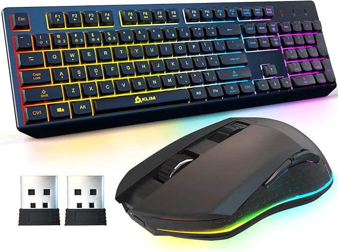 KLIM Chroma Wireless Keyboard and Mouse – RGB Backlit Gaming Combo, Rechargeable Wireless Keyboard & RGB Mouse, Durable & Ergonomic, Dual USB Receivers, Compatible with PC, Mac, PS4, PS5 by KLIMTechnologies