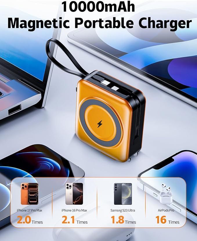 for Magsafe Portable Charger with Built-in Cables and AC Wall Plug, 10000mAh Magnetic Wireless Power Bank 22.5W Type-C in & Out Fast Charging Battery Pack for iPhone 17/16/15/14/13/12 Series, Orange - Image 2