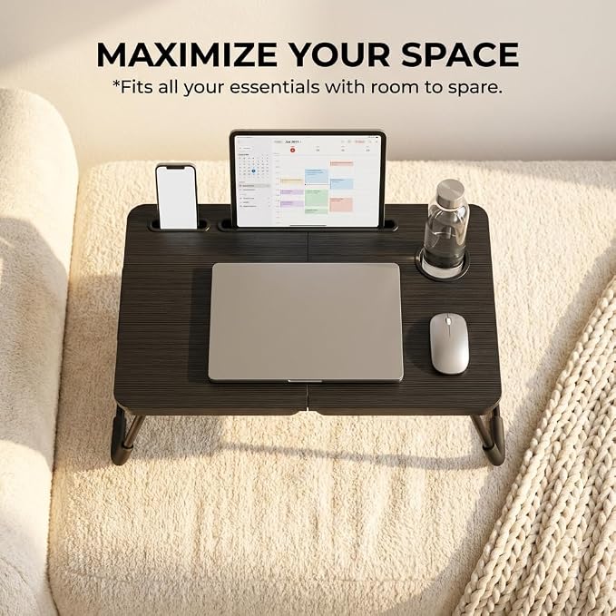 BUYIFY 23.4" Foldable Lap Desk Bed Table with Cup Holder Tray Black | Portable Folds Flat for Easy Storage, No Assembly Laptop Bed Desk, Sturdy and Lightweight, Patent Design - Image 3